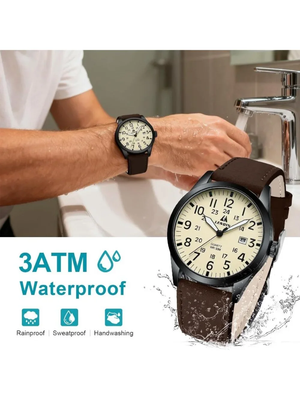 Men's Brown And Cream Analog Expansion Band Easy Reader Waterproof Wrist Watch